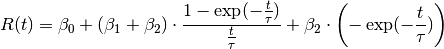 R(t) = \beta_{0} + \left(\beta_{1} + \beta_{2}\right) \cdot \frac{1
     - \exp(-\frac{t}{\tau})}{\frac{t}{\tau}}
     + \beta_{2} \cdot \left(-\exp(-\frac{t}{\tau})\right)