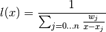 l(x) = \frac{1}{\sum_{j=0 \dotsc n} \frac{w_j}{x - x_j}}